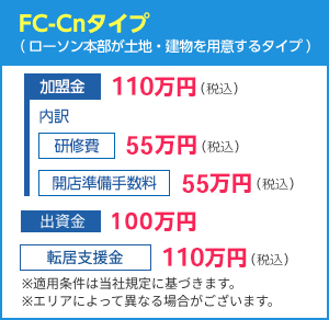 FC-Cnタイプ(ローソン本部が土地・建物を用意するタイプ ) 【加盟金】110万円(税込) 内訳:研修費55万円(税込)、開店準備手数料55万円(税込) 【出資金】100万円 【転居支援金】110万円(税込) ※当社規定に基づく
