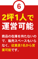 メリット6　強力な本部サポート 物件の選定から研修・開業後の集客・運営にいたるまで、専門の部署がございますので、未経験の方でも安心して開業できます。